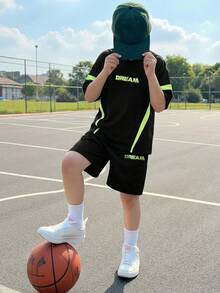 Fantacosmos 男童印花T恤裤套装（2件套），时尚欧美街头风，春夏款 - 黑色 - 查看 1