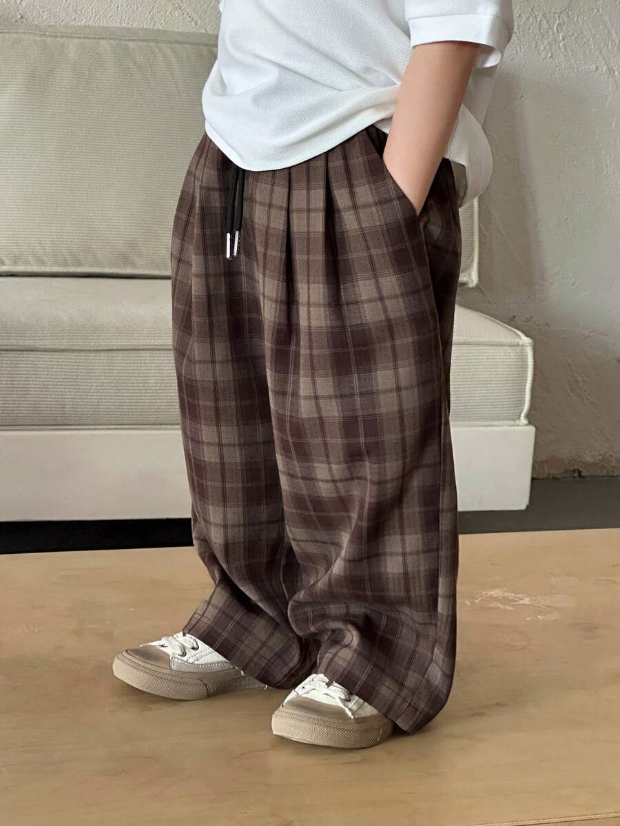 DAZY Young Boy Casual Fashion Street Plaid Print Drawstring Waist Loose Wide Leg Pants - Brown - View 1