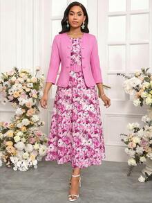 SHEIN Lady 优雅两件套纯色外套搭配印花长裙，适合所有季节 - 粉色 - 查看 6