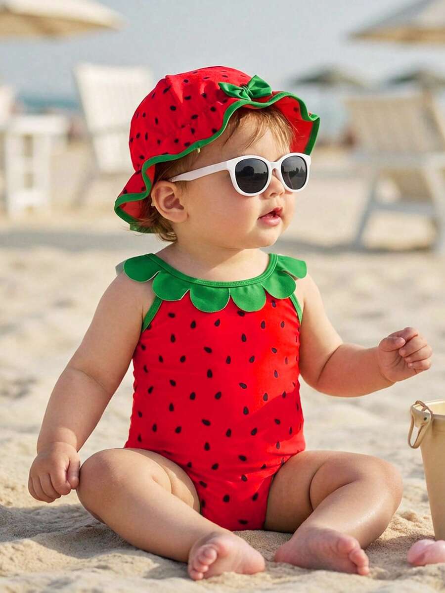 SHEIN Young Girls Watermelon Seed Print Swimsuit And Hat Set, Suitable For Outdoor Vacation, Swimming, Hot Spring, Beach, Surfing, Spring/Summer - Red - View 1