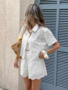 Serisse 女士刺绣领单排扣短袖开衫和短裤休闲日常假日套装 - 白色 - 查看 1