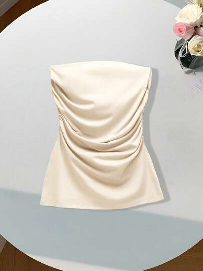 Comfortcana 女性時尚純色褶皺設計管頂