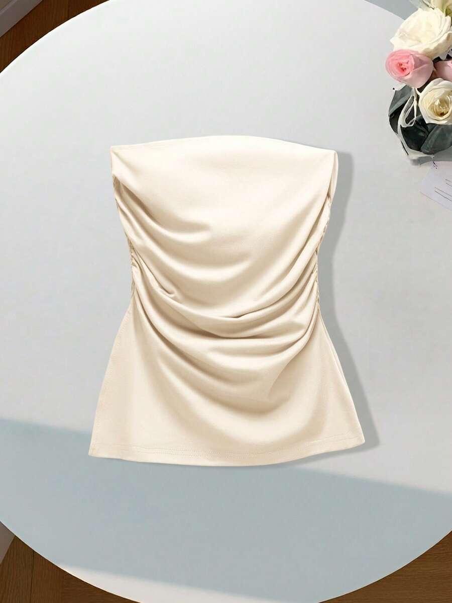 Comfortcana Top de tubo de moda femenina en unicolor con diseño fruncido - Albaricoque - Ver 1