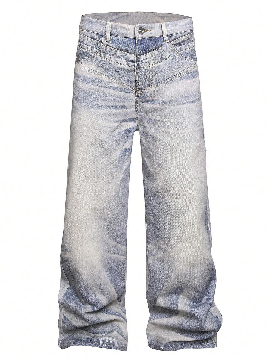 Manfinity Roughcore Quần jeans ống đứng dáng rộng in 3D sang trọng dành cho nam giới, phong cách thường ngày. - Rửa nhẹ - Xem 1