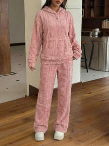 Mujer conjunto casual afelpado suave holgado con capucha manga larga otoño‑invierno para casa dos piezas,Conjuntos de dos piezas para mujer - Melocotón - Ver 3