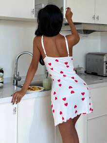 SHEIN Sexy Hot Pink Heart Print Lace Bow Design Slip Dress For Women - White - View 2