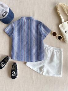 PrepCrw 2pcs Young Boys Elegant Urban College Blue & White Striped Woven Slim Fit Mandarin Collar Short Sleeve Top And White Shorts, Suitable For Casual Daily, Outings, Gatherings, Festivals, Spring & Summer - Multicolor - View 3