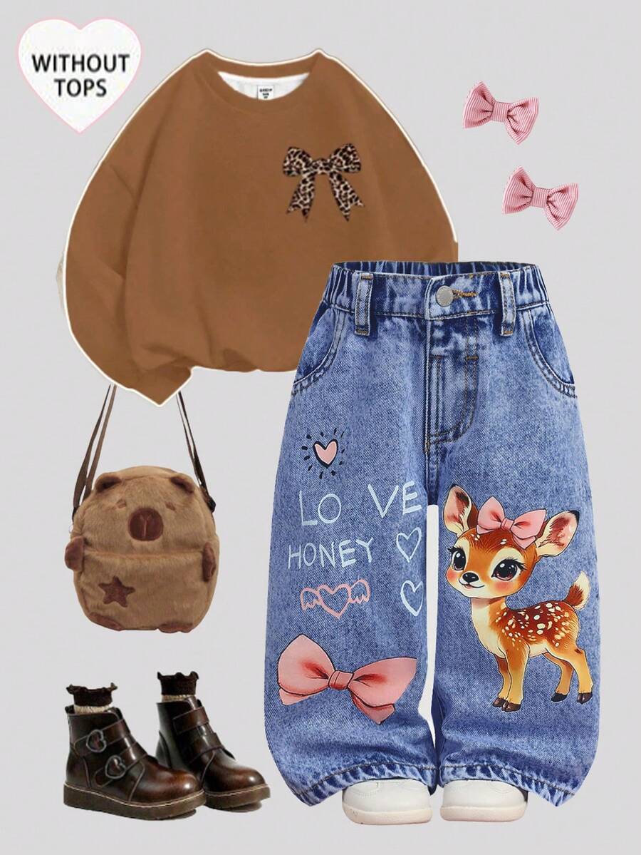 SHEIN Baby GirlCute Cartoon Deer Pattern Blue Denim Loose Pants - Medium Wash - View 1