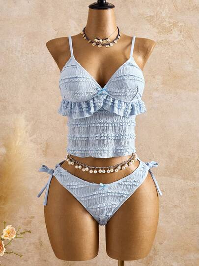 Bellisia Women's Solid Color Ruffle Trim Spaghetti Strap Fashion Summer Camisole Tankinis