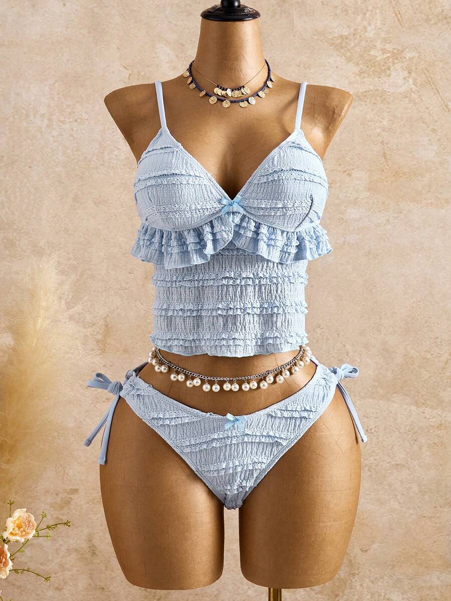 Bellisia Regata Feminina de Verão com Alças Finas e Babados, Cor Sólida - Azul - Visão 1