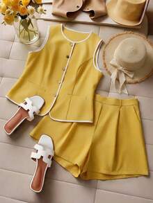 GlowEve CURVE Plus Size Women 2pcs Set: Round Neck Sleeveless Top And Shorts, Casual Elegant Daily Wear Brunch Mustard Yellow Summer - Yellow - View 1