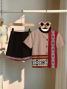 SHEIN 2pcs/Set Young Boy Shirt + Shorts, Casual Minimalist Design, Classic Retro Traditional Pattern Print, Suitable For Summer - Multicolor - View 2