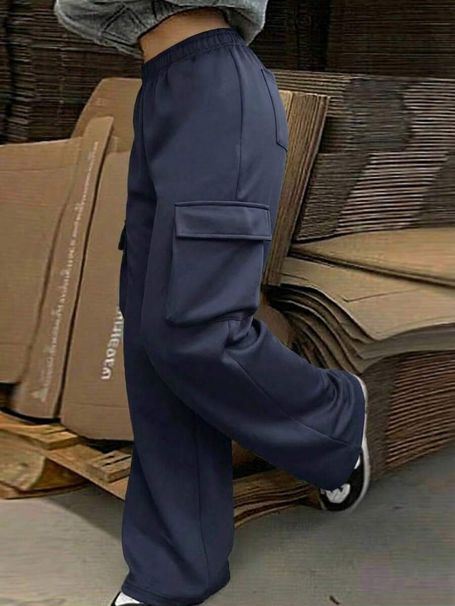 SHEIN Tween Girls' Casual Knitted Patch Pocket Overalls Style Sweatpants, Autumn/Winter - Navy Blue - View 1