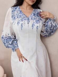 Modelyn Plus Size Women Floral Print Long Sleeve A-Line Waist Elegant Romantic Dress - Multicolor - View 6