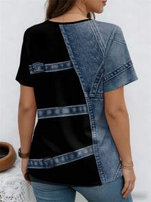 EMERY ROSE 拼接图案斜纹圆领短袖休闲加大码T恤，春季 - 彩色 - 查看 2