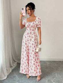 Rafferiza 女士优雅度假束腰印花连体裤 - 紅色 - 查看 6