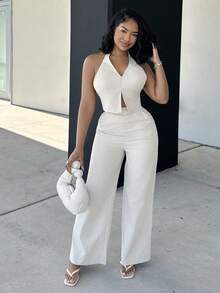 Alexandranx 春夏辦公室女士V領無袖上衣配開背設計和寬腳褲，修身增高街頭穿搭套裝 - 杏色 - 查看 4