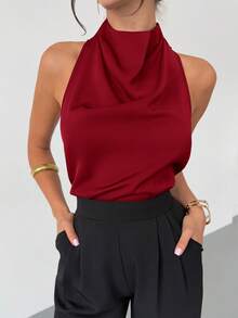 New Spring/Summer Elegant Simple Daily Commuter Vintage Modern Asymmetrical Neckline Sleeveless Halter Backless Bow Decor Body-Con Black Shirt For Work Red - Burgundy - View 3