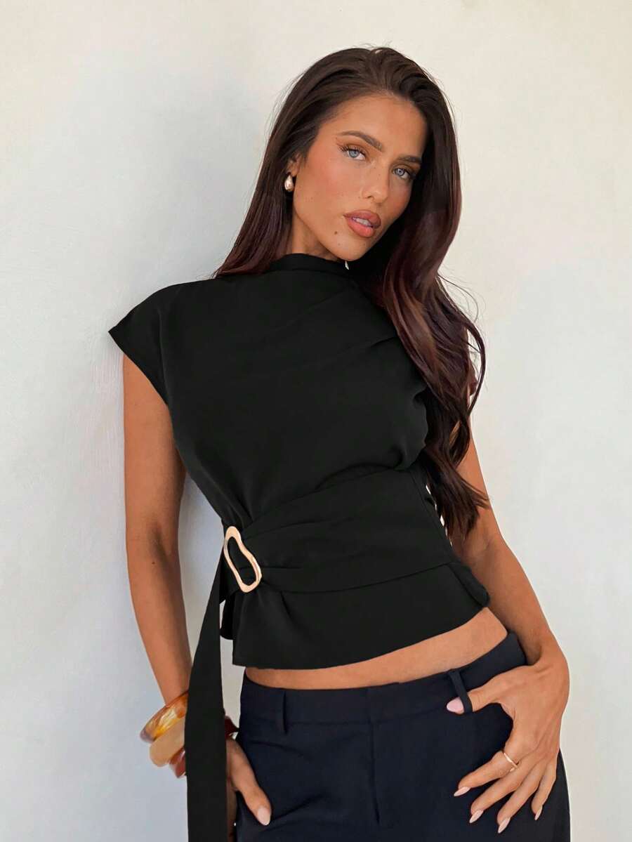 Aloruh 咖啡色金属扣装饰办公衬衫 - 黑色 - 查看 1