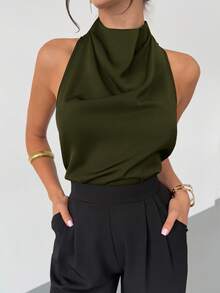 Firerie 春夏新款优雅休闲通勤复古现代不规则领无袖露背蝴蝶结装饰修身黑色通勤衬衫 - 軍綠色 - 查看 3