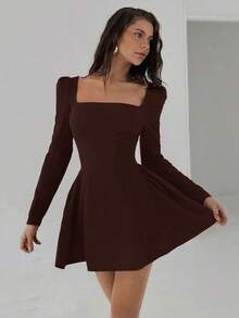 Aloruh Đầm ngắn dáng chữ A màu đỏ trơn cho nữ, kiểu peplum, gợi cảm và thanh lịch, ôm eo, tay dài, thích hợp cho tiệc cocktail dịp Giáng sinh hoặc hẹn hò. - màu nâu - Xem 3