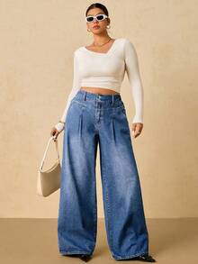 SHEIN Tall CURVE Plus Size Women's Fashion Wide Leg Pockets Jeans - Medium Wash - View 4