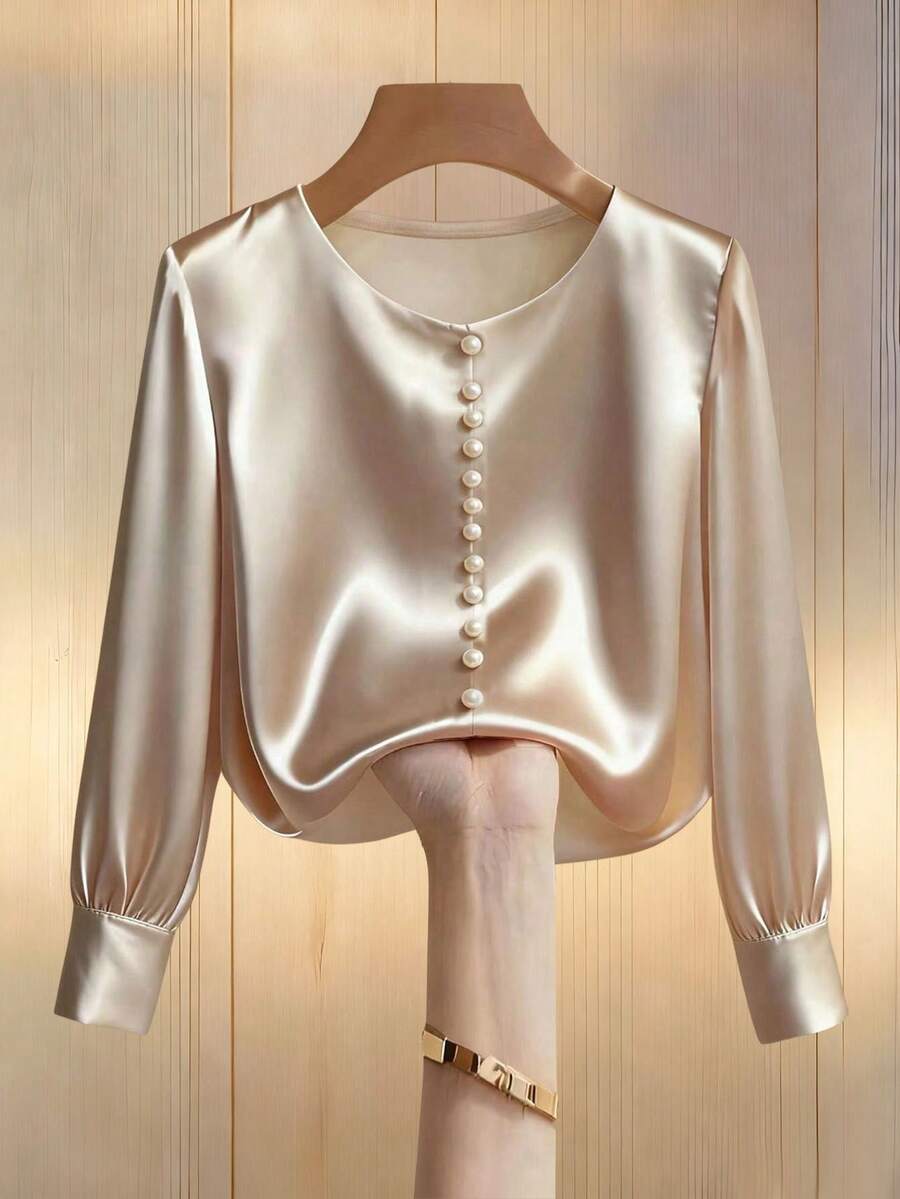 Franclia Petite 女士优雅香槟色缎面圆领长袖衬衫，饰有珍珠点缀和珍珠镶嵌设计，非常适合春季、夏季和假日穿着。 - 香檳色 - 查看 1