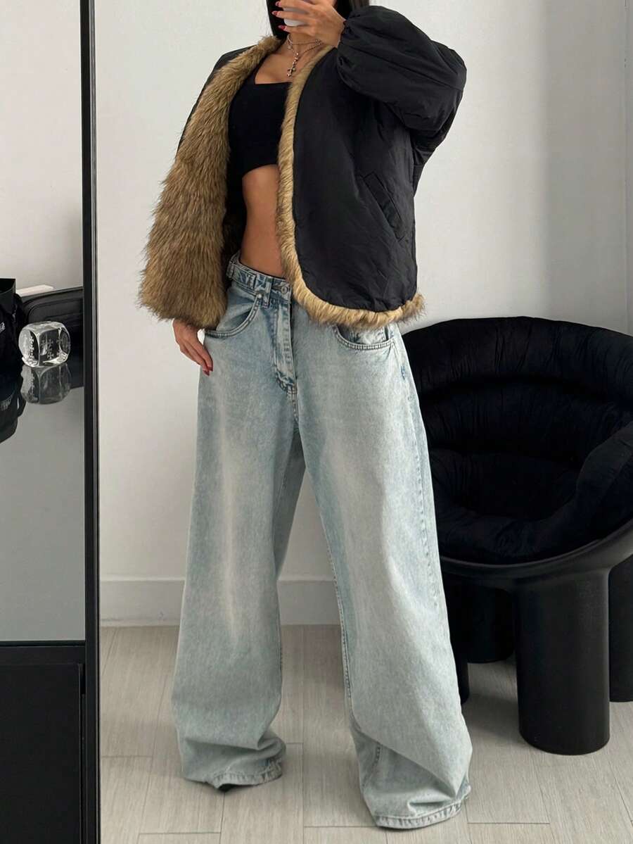 SHEIN EZwear Cappotto imbottito e reversibile con pannelli morbidi, moda invernale - nero - Visualizzare 1