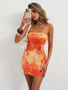 INAWLY 2pcs Women's Fashion Asymmetrical Drawstring Hem Cropped Top And Bodycon Mini Skirt Set - Multicolor - View 4