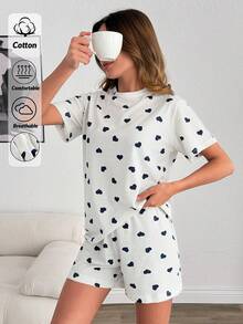 EURMUSE Bộ đồ 2 món thoải mái dành cho nữ của Cotton Line: Áo cổ tròn tay ngắn in hình trái tim và sọc, gồm áo và quần short. - trắng - Xem 4