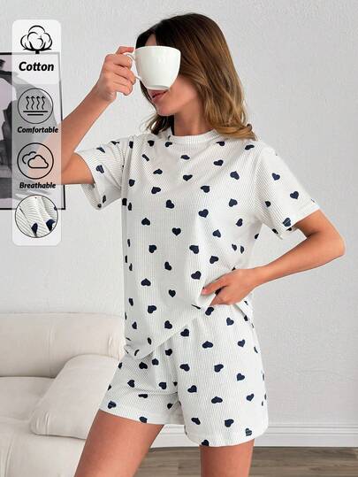 EURMUSE Cotton Line Women Heart Striped Print Round Neck Short Sleeve Top& Short Comfy 2 Pcs Set