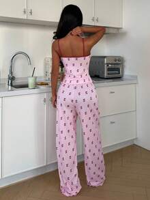 SHEIN 2pcs Contrast Trim Camisole & Bowknot Cherry Print Women Knit Pajama Set - Multicolor - View 3