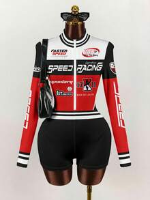 SHEIN ICON 休闲运动风赛车黑红撞色印花图案女式连体裤，百搭，适合春夏穿着 - 彩色 - 查看 8