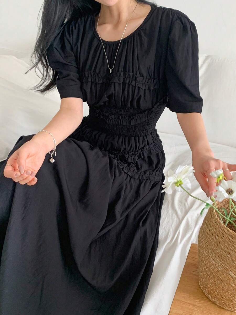 DAZY Women's Black Ruffle Hem Waist Cinched Mid-Length Dress - Black - View 1