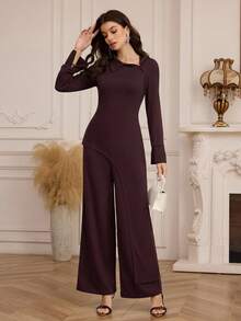 Modelyn Women's Daily Commute Oblique Collar Asymmetric Design Top And High Waist Wide Leg Pants 2 Pieces Set - Brown - View 4