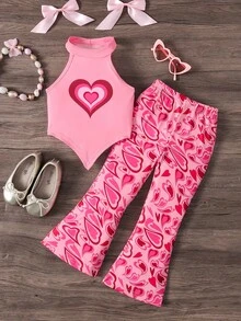 SHEIN 2件套少女时尚可爱粉色爱心印花休闲吊带上衣+喇叭裤套装 - 粉色 - 查看 5