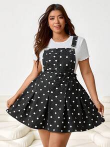 Solflare 大码女式波点图案口袋褶裥下摆吊带牛仔连衣裙 - 黑色 - 查看 6