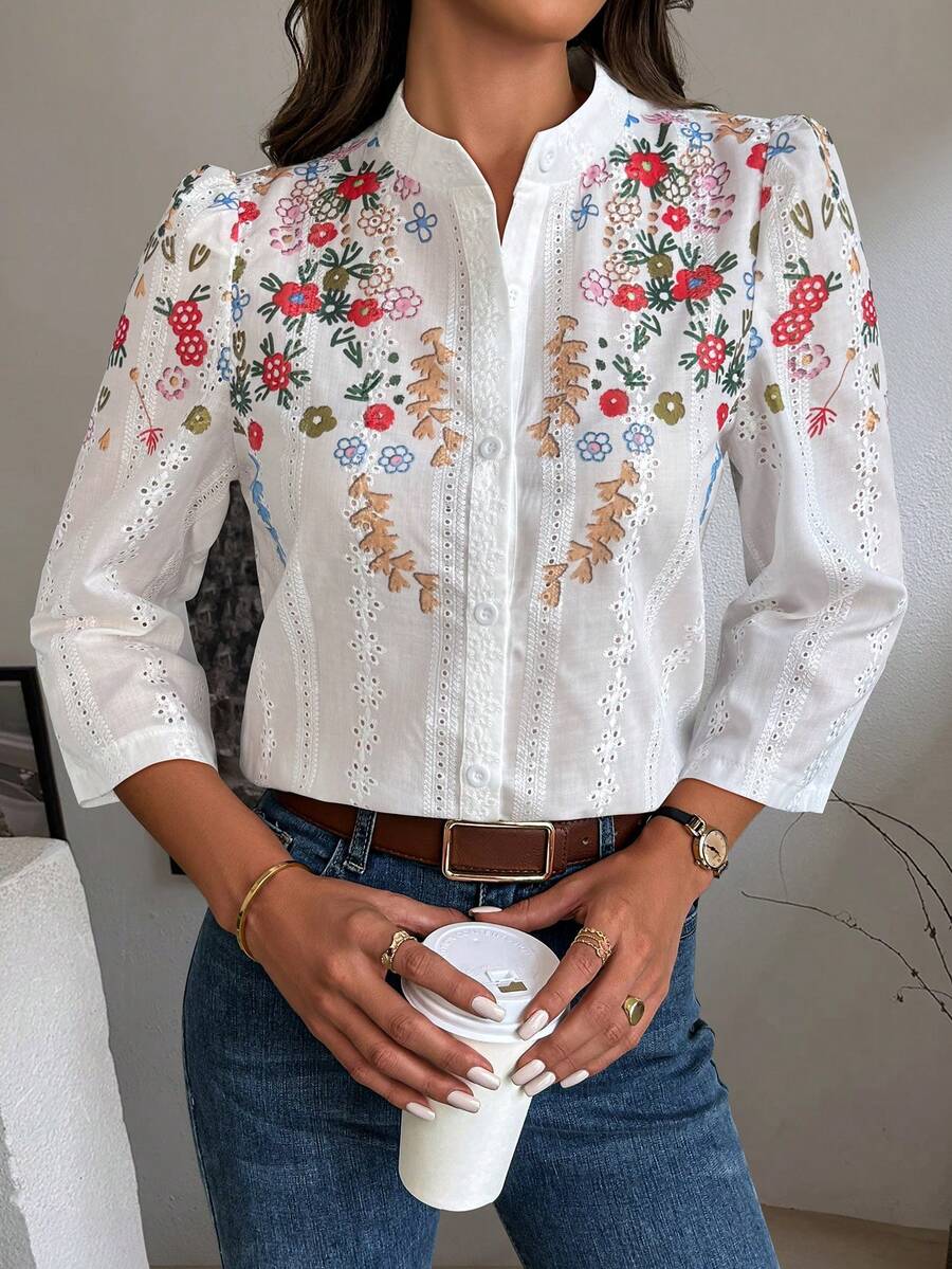 SHEIN Clasi 女士花卉印花簡約日常長袖襯衫 - 白色 - 查看 1