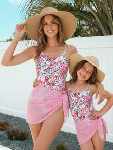 SHEIN Emery Rose Kids 2pcs/Set Tween Girls Beachwear Vacation Ditsy Floral Side Bow Decor Casual One-Piece Swimsuit With Cover-Up Skirt Tween Girls  Vacation Ditsy Floral Side Bow Decor Casual One-Piece Swimsuit With Cover-Up Skirt Summer Sets For Girls Three Piece Swimsuit Set Tween Swimsuit Daisy Tween Swimsuit  Cute Summer Sets - Pink - View 11