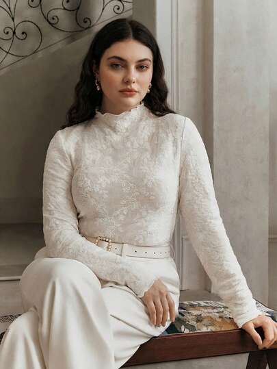 Anewsta 大码女式立领褶皱蕾丝边长袖修身衬衫