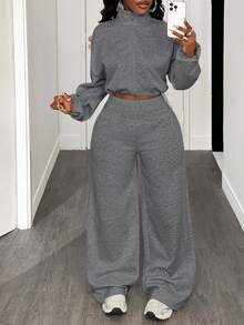 BamGleam Bộ 2 món áo và quần trơn màu thường ngày dành cho nữ, Thu/Đông - Màu xám đen - Xem 6