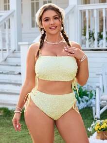 Swim Mod Plus Size 2pcs Swimsuit Set, Minimalist Design For Daily Wear, Women Summer Beach Outfit - Yellow - View 4