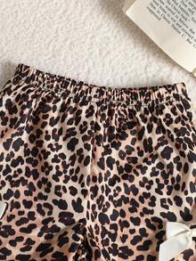 SHEIN Baby Girl Summer Apricot Leopard Print Set, Textured Sleeveless Top And Leopard Print Shorts With Apricot Bow Accent, Essential Daily Outfit - Khaki - View 7