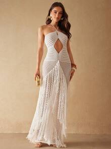 Silquee 度假风夏季新款性感透视镂空针织无肩带连衣裙，不对称流苏下摆 - 白色 - 查看 1