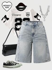 SHEIN Tween Girls' Casual Daily Urban Street Preppy Light Wash Gothic Dark Cross Print Denim Bermuda Shorts, Elastic Waist, Button Closure - Blue - View 3