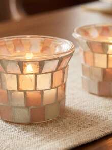 Cirelle 1PC Handmade Mosaic Glass Candle Holder - Nordic Style Table Decoration For Tealights, Ambient Light & Wedding Dinner Centerpiece