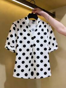 Franclia Elegante Bluse für Damen für Büro, Urlaub, Strand, Pendeln, romantische Anlässe, Bankette, Partys, Geburtstage, Konzerte, Valentinstag, Karneval und mehr. Schwarz-Weiß gepunktetes Top - Weiss - Übersicht 3