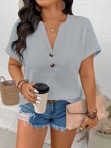 EMERY ROSE Plus Size Women's Summer V-Neck Button Decor Casual T-Shirt - Light Grey - View 7