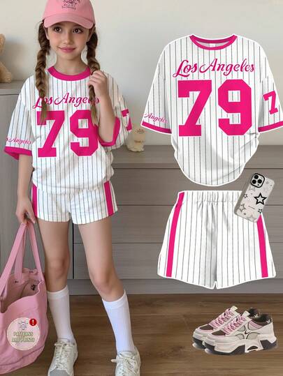 SHEIN Tween Girls Casual Minimalist Racing Tracksuit "Los Angeles" 79 Graphic Print Stripe Short Sleeve T-Shirt And Shorts Set, Suitable For Summer Girls Baseball Outfit Girls Sporty Summer Sets 2 Piece Short Set Teen Girls Preppy Two Piece Set 3 Piece Short Set