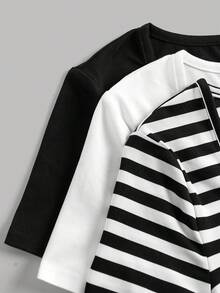 SHEIN Girlism 3件套少女休闲U领修身短袖露脐T恤，黑白条纹，适合夏季穿着 - 黑與白 - 查看 3